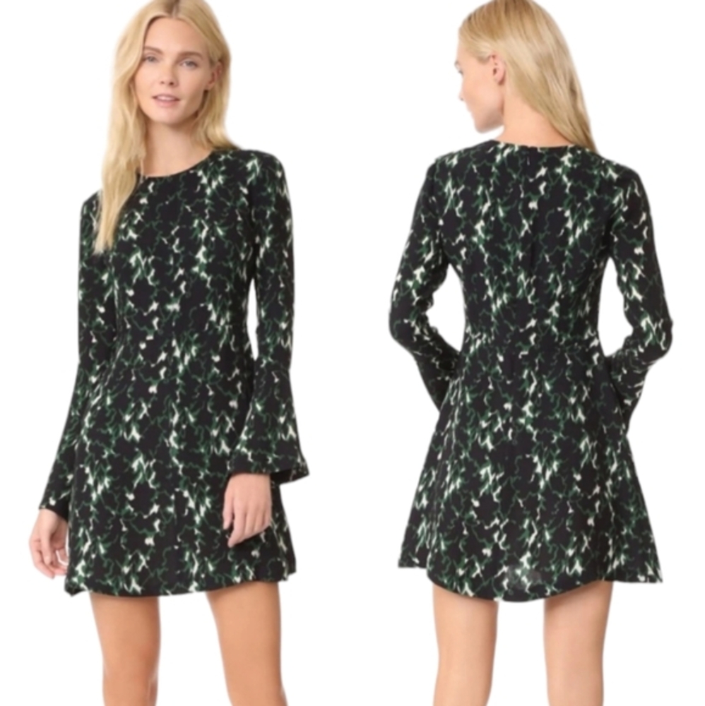 A.L.C. MINI DRESS‎ TRIXIE BLACK/GREEN PRINTED SILK SIZE 6 SMALL BELL SLEEVE